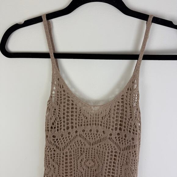 Womens Crochet Knit Sleeveless Bohemian Swimsuit Tan Coverup Mini Dress Medium - Picture 3 of 7